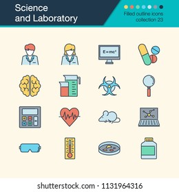 Science and Laboratory icons. Filled outline design collection 23. For presentation, graphic design, mobile application, web design, infographics. Vector illustration.