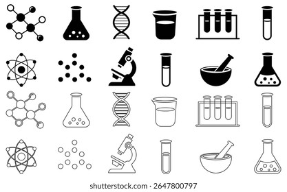 Science laboratory icons on white background. Chemistry icon vector 
Illustration.Chemistry lab equipment vector illustration set. Laboratory of scientific technology icon silhouette pictogram