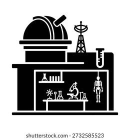 Ilustración de laboratorio de Ciencia con microscopio y tubos de ensayo en fondo oscuro