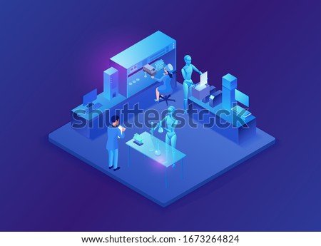 Science laboratory innovative concepts with robot doing research, lab technician conducting experiment, blue neon vector illustration