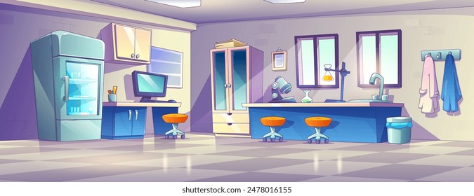 Science laboratory interior with chemical equipment and tools. Cartoon vector lab with microscope and chemistries in glass beaks on working desk, refrigerator and cupboard, computer and chairs.