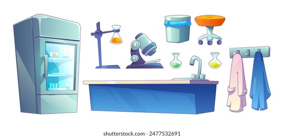 Science laboratory interior furniture and equipment. Cartoon vector set of chemical lab or school tool elements - working desk and fridge with chemistries, glass beaks with liquid and microscope.