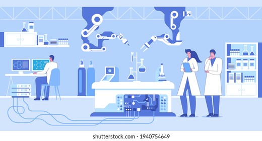 Science laboratory interior with robotic technology. Modern chemical lab, robot hand pours liquids into glassware, scientists conduct experiment, computer monitoring. Vector character illustration