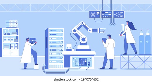 Interior de laboratorio de ciencia con concepto de tecnología robótica. Equipo de científicos realizando experimentos, desarrollo de drogas, investigación química, haciendo descubrimientos científicos. Ilustración de carácter de vector