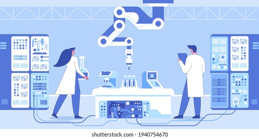 Science laboratory interior with robotic technology concept. Robot hand pours liquid into test tubes, scientists conduct chemical research, monitoring, modern equipment. Vector character illustration