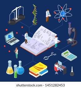 Science laboratory isometric. Vector chemical equipment for experimental lab and scientists. Illustration of lab research experiment, chemical laboratory