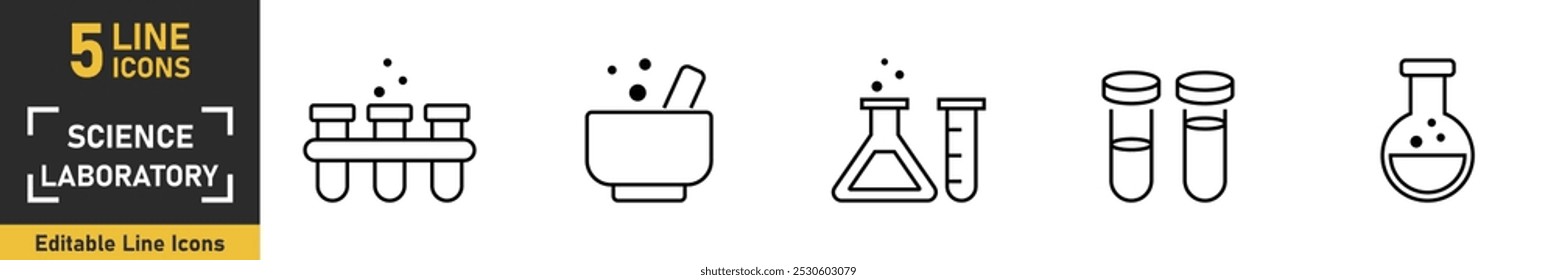 Conjunto de ícones de linha do Laboratório de Ciência. Conjunto de 5 ícones relacionados ao laboratório de ciência. Ilustração vetorial.