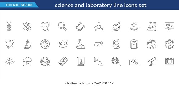 science and laboratory line icons set — editable stroke chemistry, biology, and research symbols for education, technology, and presentation design