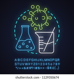 Science laboratory neon light concept icon. Virology idea. Study of viruses. Laboratory flask and beaker, virus cell. Glowing sign with alphabet, numbers and symbols. Vector isolated illustration