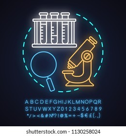 Science laboratory neon light concept icon. Microbiology idea. Microscope, magnifying glass, test tubes rack. Glowing sign with alphabet, numbers and symbols. Vector isolated illustration