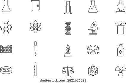 Science laboratory outline icon collection showcasing research equipment biology molecules physics elements and chemistry experimental