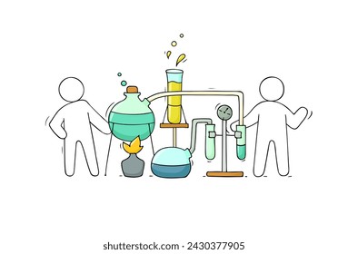 Science laboratory with people and chemistry equipment for tests and experiments. Medical, scientific or pharmacy lab with glass beakers, tubes and pipelines, vector doodle illustration