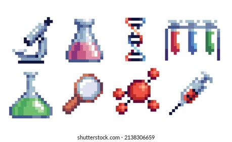 Science laboratory pixel art set. Biology, chemistry, and physic icons collection. 8-bit sprite. Game development, mobile app.  Isolated vector illustration.