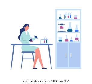 Science laboratory. Professional scientific research. Woman medical worker in uniform holding tubes and flasks and sitting at table, shelves with containers for experiments vector illustration