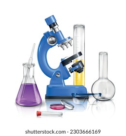 Science laboratory realistic composition consisting of microscope and flasks with chemical reagents vector illustration