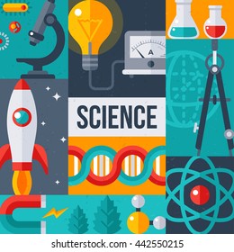 Science laboratory research creative poster. Vector illustration. Flat design scientific icons in squares. Retro style with texture