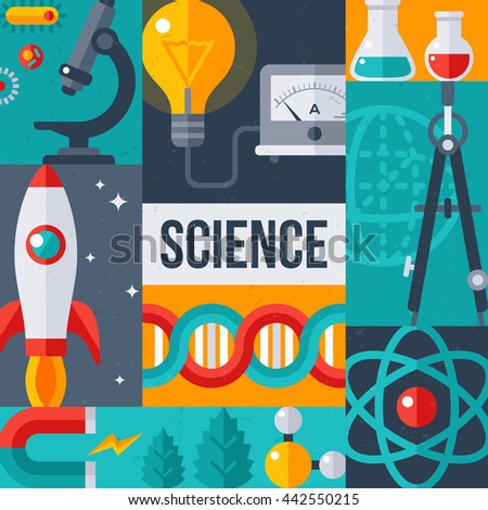 Science laboratory research creative poster. Vector illustration. Flat design scientific icons in squares. Retro style with texture