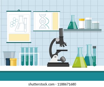 Science laboratory research and development concept. microscope with test tubes. Vector Illustration