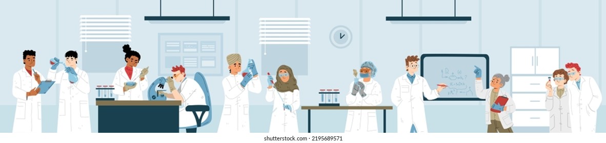 Science laboratory research and development. Medicine, genetics, chemistry or biochemistry scientists working together in lab with microscope and equipment, Cartoon linear flat vector illustration