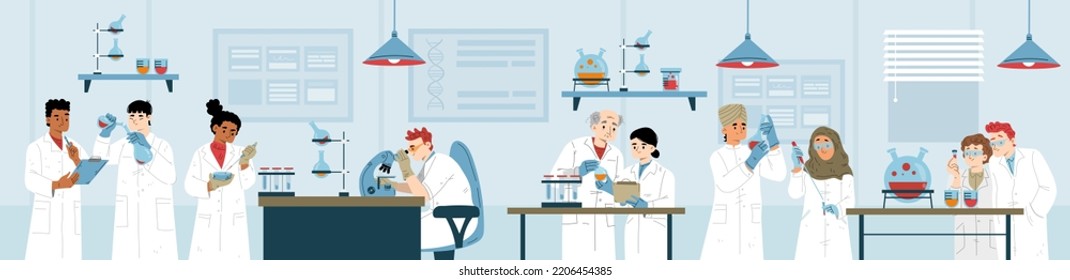 Science laboratory research and development. Medicine, genetics, chemistry or biochemistry scientists working together in lab with microscope and equipment, Cartoon linear flat vector illustration