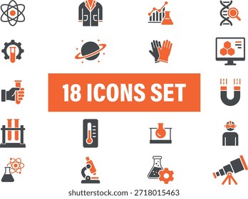 Science and Laboratory Research Flat Icons Set. Including Science, technology, research, experiment, 
laboratory, innovation, equipment and more. Solid vector icons set