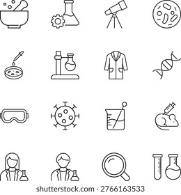 Science and laboratory research icon set, DNA, virus, lab coat, test tube, flask, petri dish, scientist, syringe