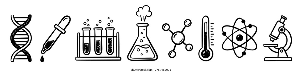science and laboratory research icon set, hand drawn doodle elements of chemistry equipment, dna and microscope on transparent background