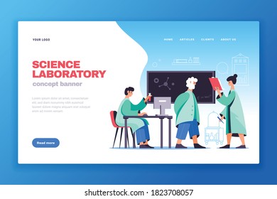 Science laboratory research publications concept web page banner with professor assistants test tubes experiment flat vector illustration 