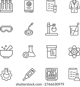 Science laboratory research vector icon set, test tubes, petri dish, lab coat, flask, atom, pH meter, goggles
