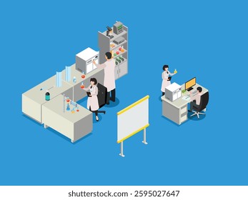 Science Laboratory with Researchers Conducting Experiments and Analyzing Data 3d flat vector illustrations