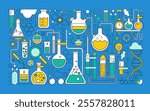 Science laboratory, school chemistry background with abstract geometric background. Medical, chemical or biology lab, school education concept with dna molecule, tubes and flasks, vector illustration