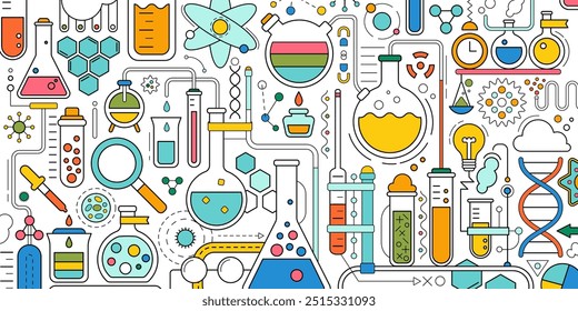 Laboratório de ciência, fundo de química da escola com fundo geométrico abstrato. Laboratório médico, químico ou de biologia, conceito de educação escolar com molécula de dna, tubos e frascos, ilustração vetorial