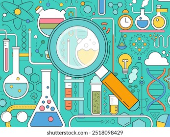 Laboratório de ciência, fundo de química da escola com fundo geométrico abstrato. Pesquisa médica, química ou biológica, conceito de educação escolar com lupa, molécula de dna, tubos e frasco