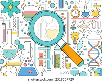 Science laboratory, school chemistry background with abstract geometric background. Medical, chemical or biology research, school education concept with magnifying glass, dna molecule, tubes and flask