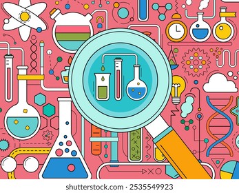 Science laboratory, school chemistry background with abstract geometric background. Medical, chemical or biology research, school education concept with magnifying glass, dna molecule, tubes and flask