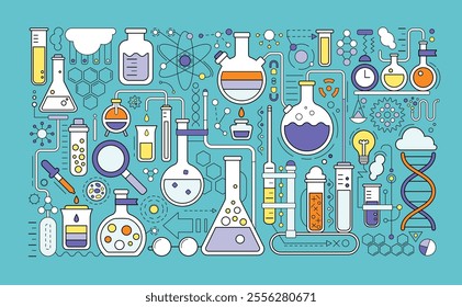 Science laboratory, school chemistry background with abstract geometric background. Medical, chemical or biology lab, school education concept with dna molecule, tubes and flasks, vector illustration