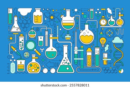 Science laboratory, school chemistry background with abstract geometric background. Medical, chemical or biology lab, school education concept with dna molecule, tubes and flasks, vector illustration