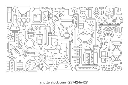 Science laboratory, school chemistry background with abstract geometric background. Medical, chemical or biology lab, school education concept with dna molecule, tubes and flasks, vector illustration