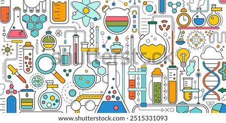 Science laboratory, school chemistry background with abstract geometric background. Medical, chemical or biology lab, school education concept with dna molecule, tubes and flasks, vector illustration