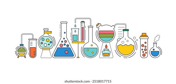 Laboratório de ciências, banner de química da escola com fundo branco. Laboratório médico, químico ou de biologia, conceito de educação escolar com tubos e frascos, ilustração vetorial