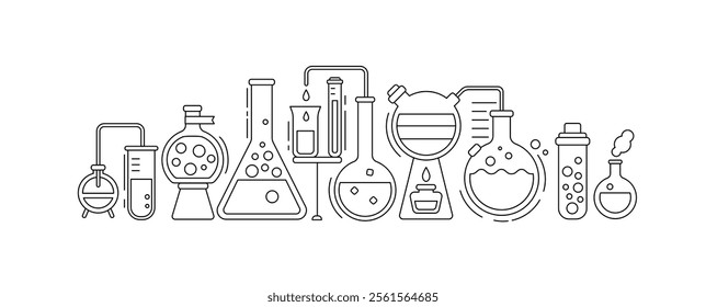 Science laboratory, school chemistry banner with with white background. Medical, chemical or biology lab, school education concept with tubes and flasks, vector illustration