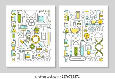 Science laboratory, school chemistry cards, abstract geometric background. Medical, chemical or biology lab, school education concept with dna molecule, tubes and flasks, vector illustration