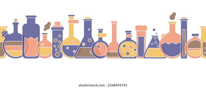 Science laboratory, school chemistry seamless banner with with white background. Medical, chemical or biology lab, school education concept with tubes and flasks, vector illustration