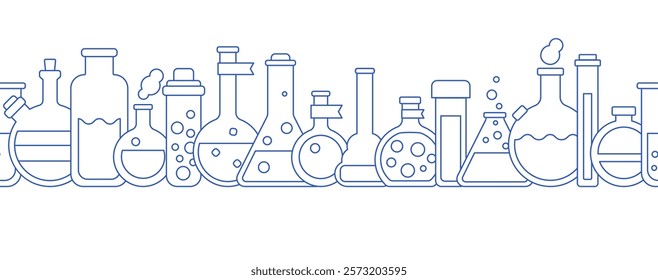 Science laboratory, school chemistry seamless banner with with white background. Medical, chemical or biology lab, school education concept with tubes and flasks, vector illustration