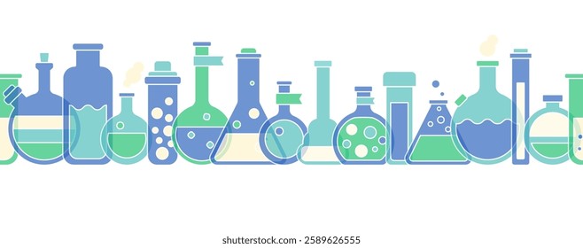 Science laboratory, school chemistry seamless banner with with white background. Medical, chemical or biology lab, school education concept with tubes and flasks, vector illustration