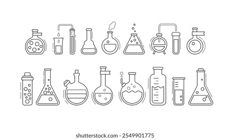 Laboratorio de Ciencia, conjunto de química escolar con iconos geométricos abstractos. Laboratorio médico, químico o biológico, concepto de educación escolar con tubos y matraces, Ilustración vectorial