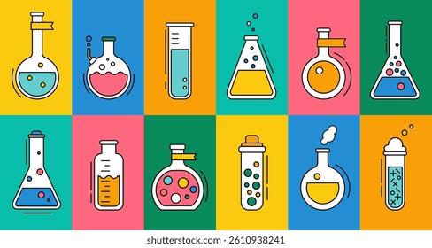 Science laboratory, school chemistry set with abstract geometric icons. Medical, chemical or biology lab, school education concept with tubes and flasks, vector illustration