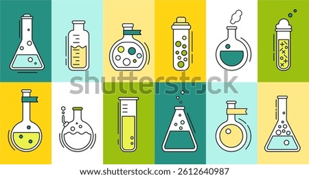 Science laboratory, school chemistry set with abstract geometric icons. Medical, chemical or biology lab, school education concept with tubes and flasks, vector illustration