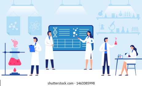 Science laboratory. Scientific lab equipments, professional scientific research and scientist workers. Medical researchers laboratory, biology scientists or doctor vector illustration