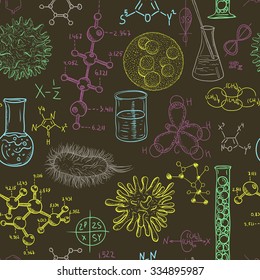 Science laboratory seamless pattern with microbes and viruses. Vintage design set. Hand drawn vector illustration.